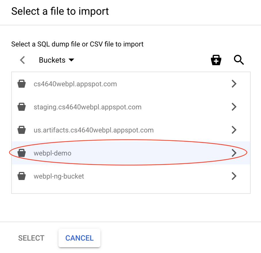 image showing how to import a .sql file to the Cloud SQL instance