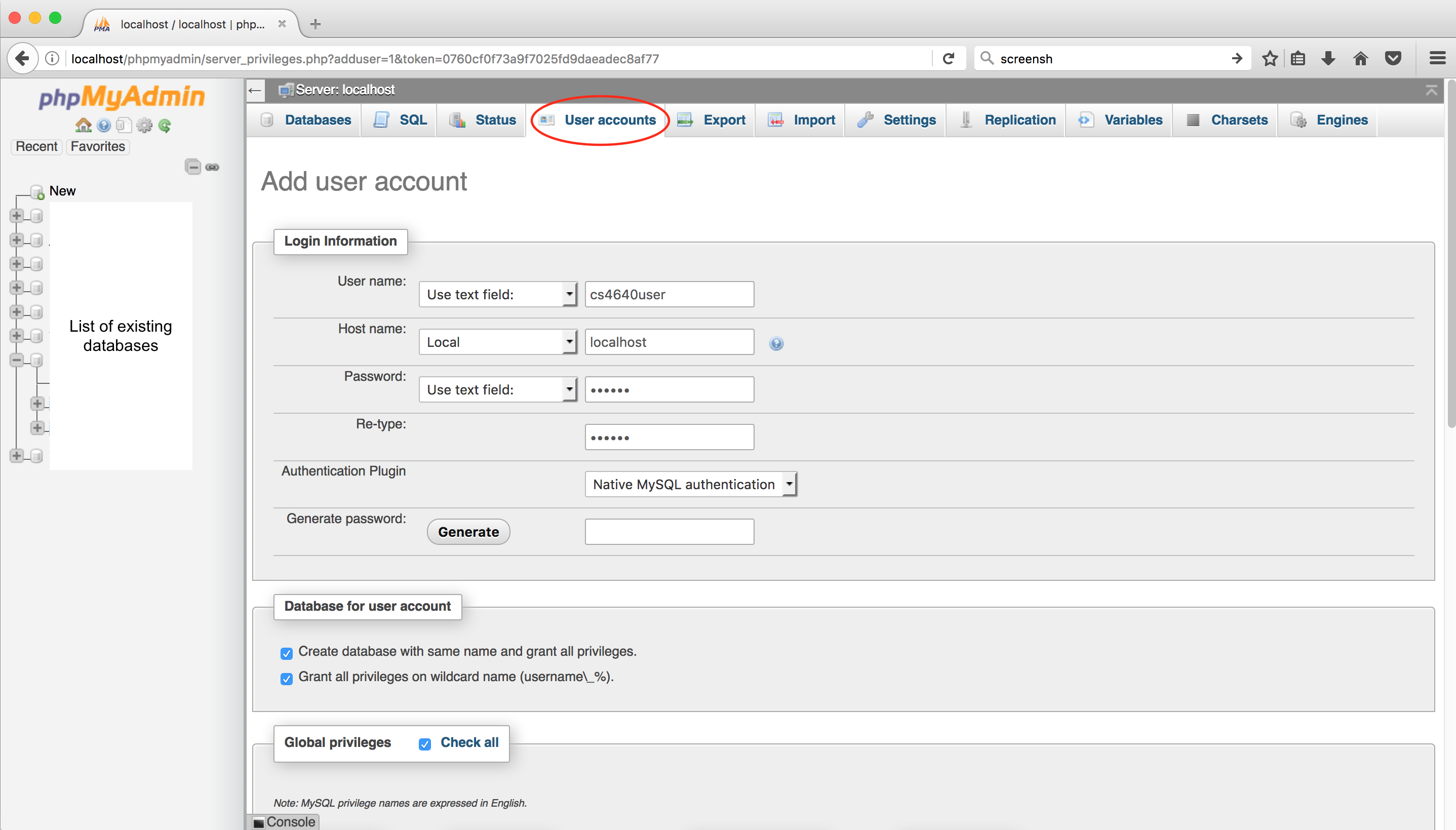 sample screen to add a user account