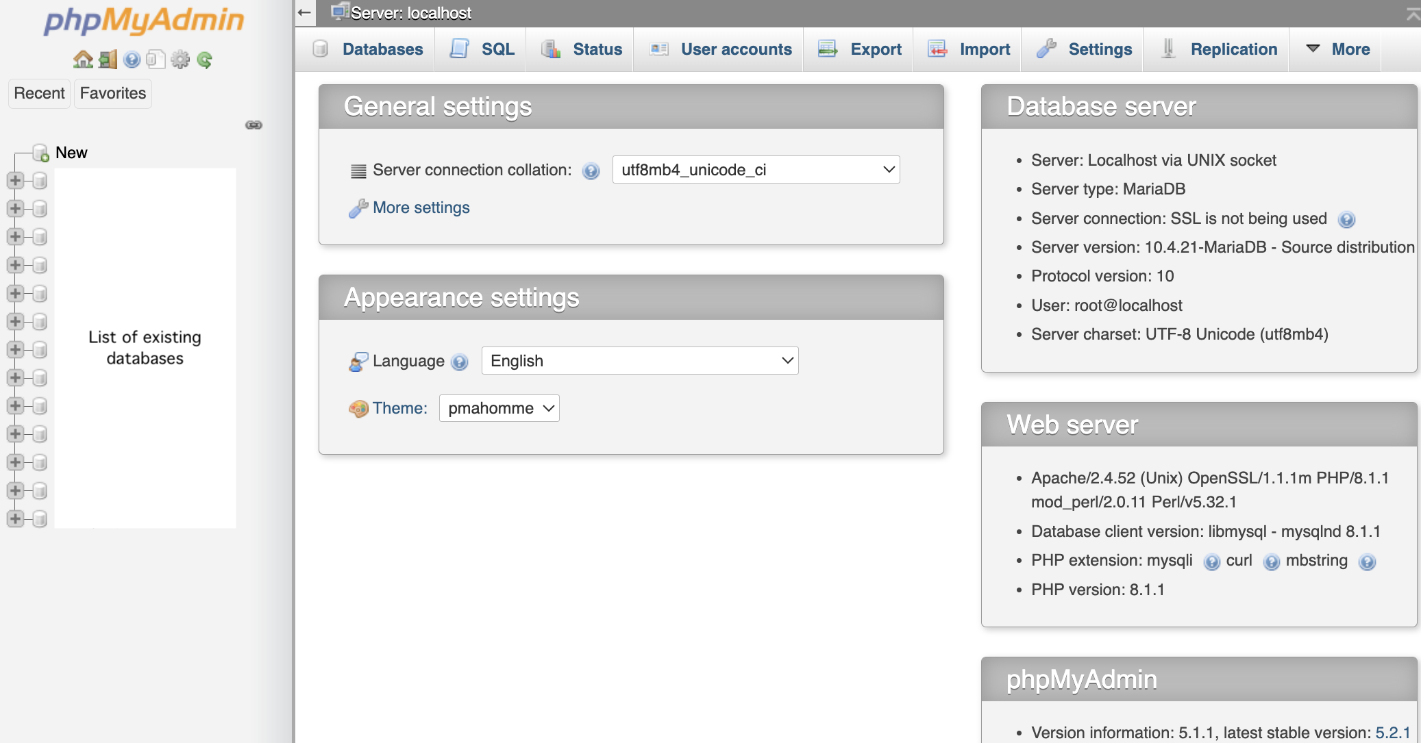 screen showing the main page of phpMyAdmin