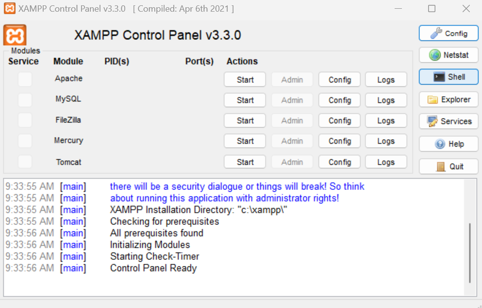 sample screen showing the first page of XAMPP (Windows)