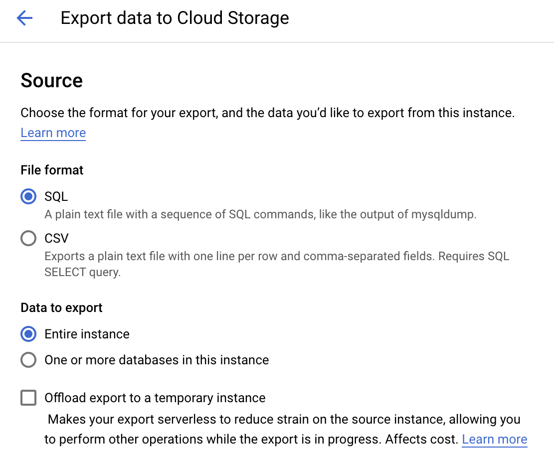 image showing how to export a .sql file from the Cloud SQL instance