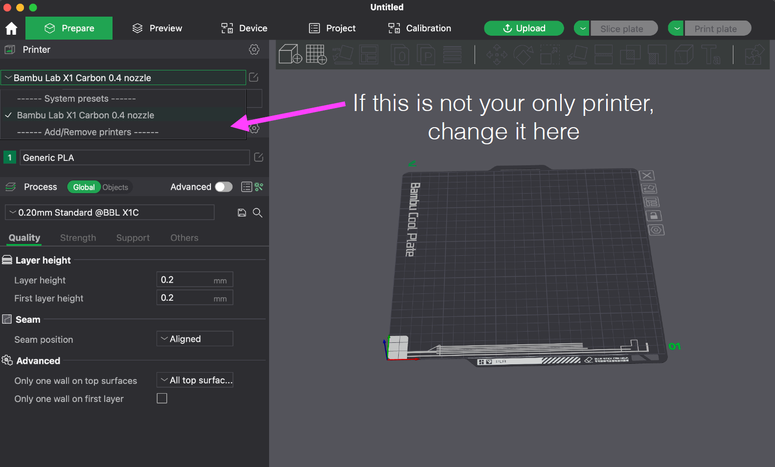 Bambu Studio Printer drop-down 