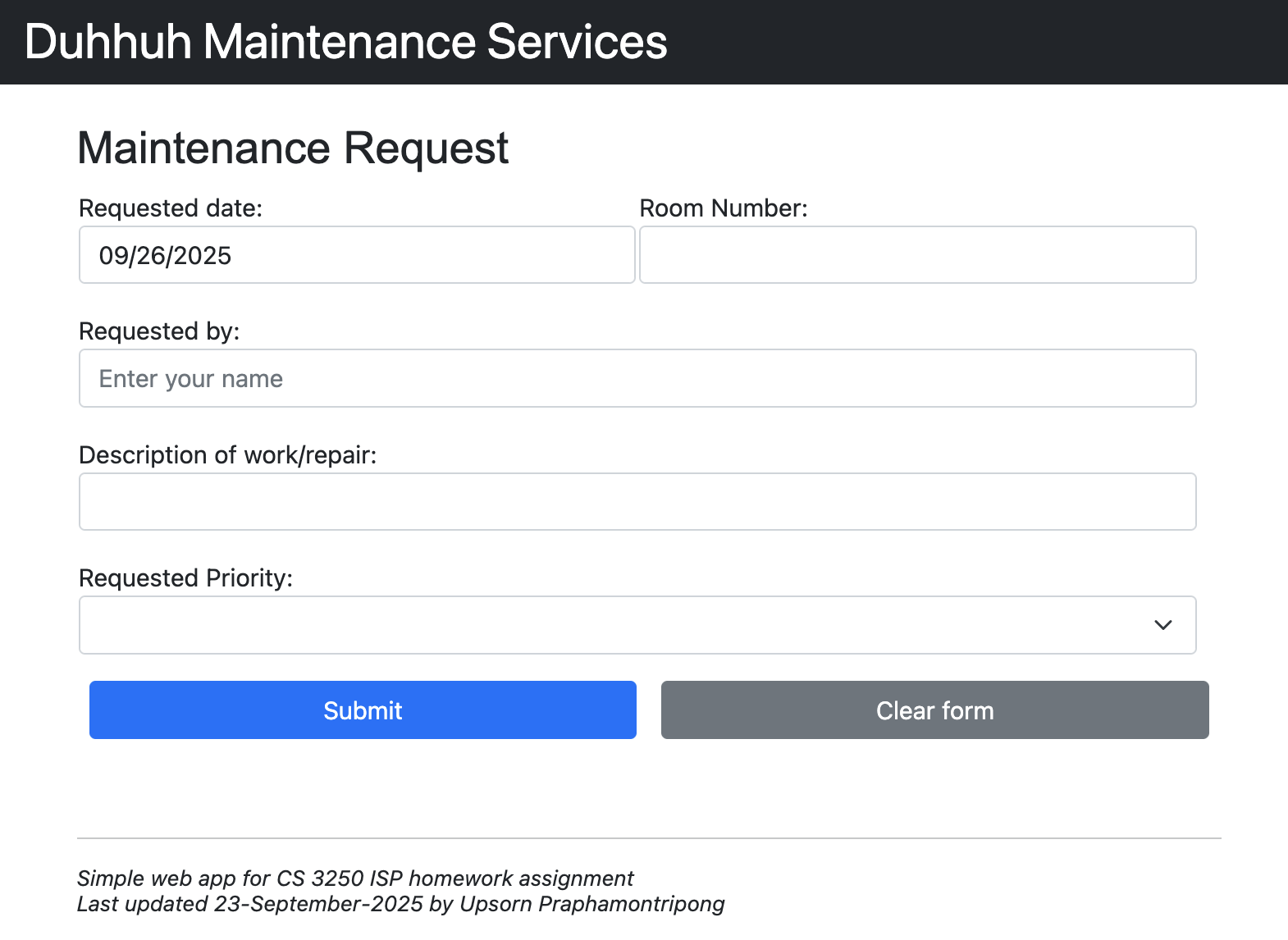 screen showing Duhhuh Maintenance Services web app