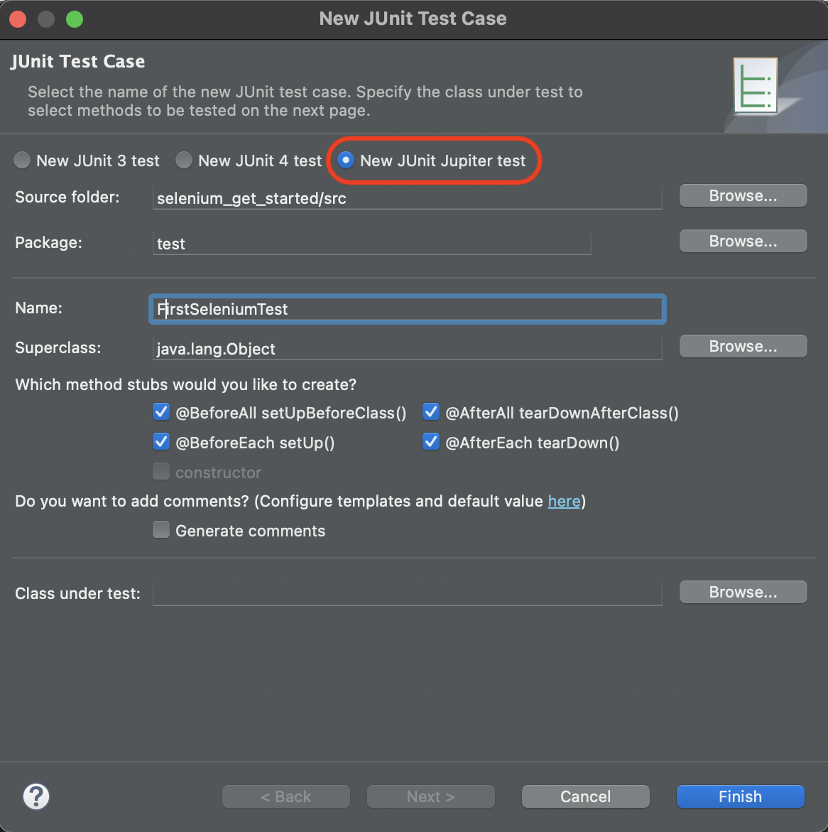 image to create new Junit Test file