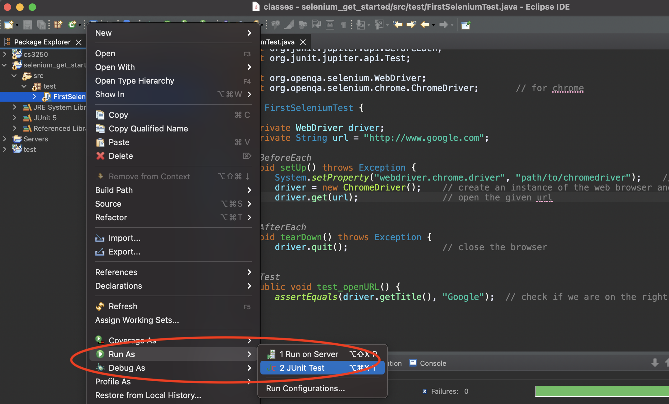 image showing how to run JUnit test