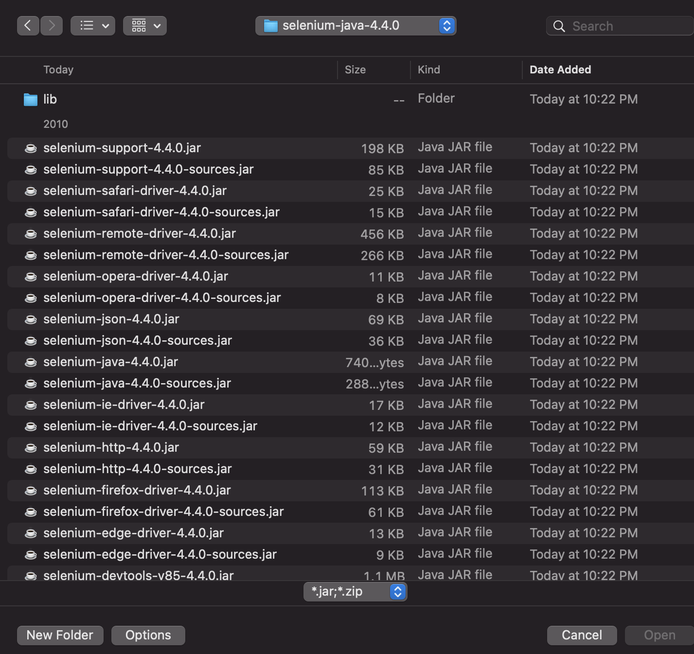 image showing the extracted Selenium folder