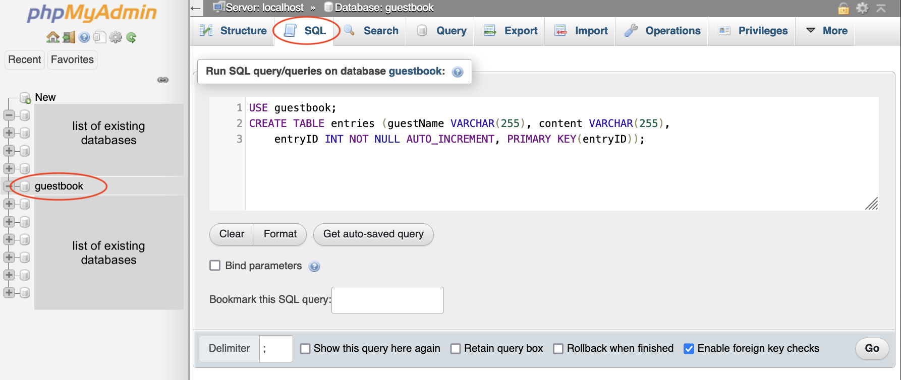 screen showing the SQL command to create a table