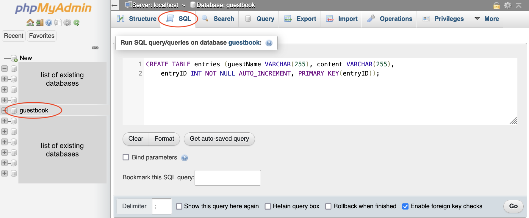 screen showing the SQL command to create a table