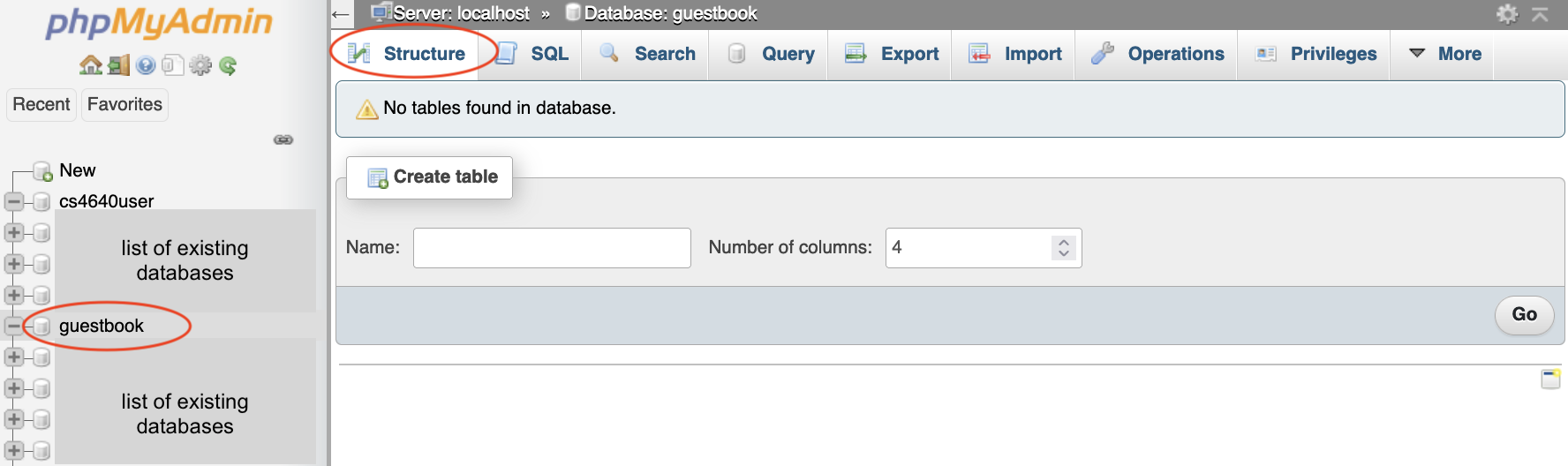 screen showing the create table screen of phpMyAdmin