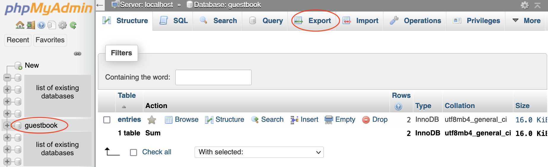 screen showing how to export SQL file