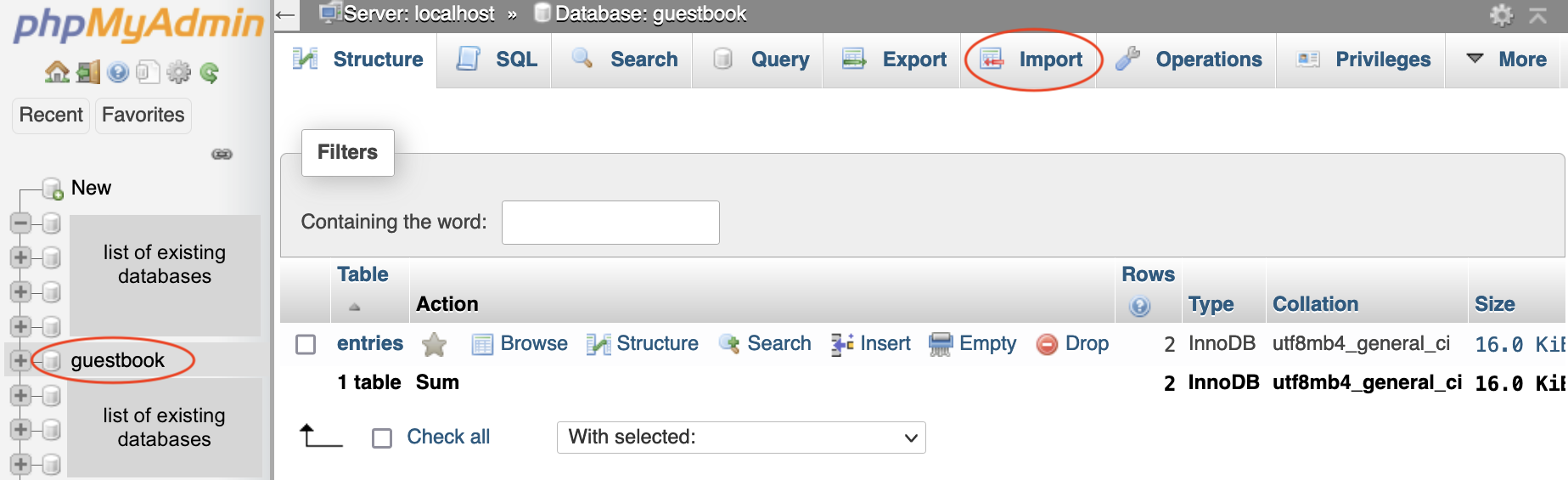 screen showing how to import SQL file