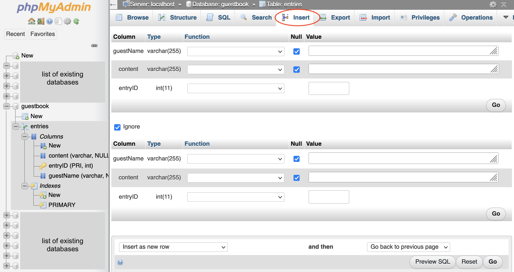 screen showing the insert data screen of phpMyAdmin