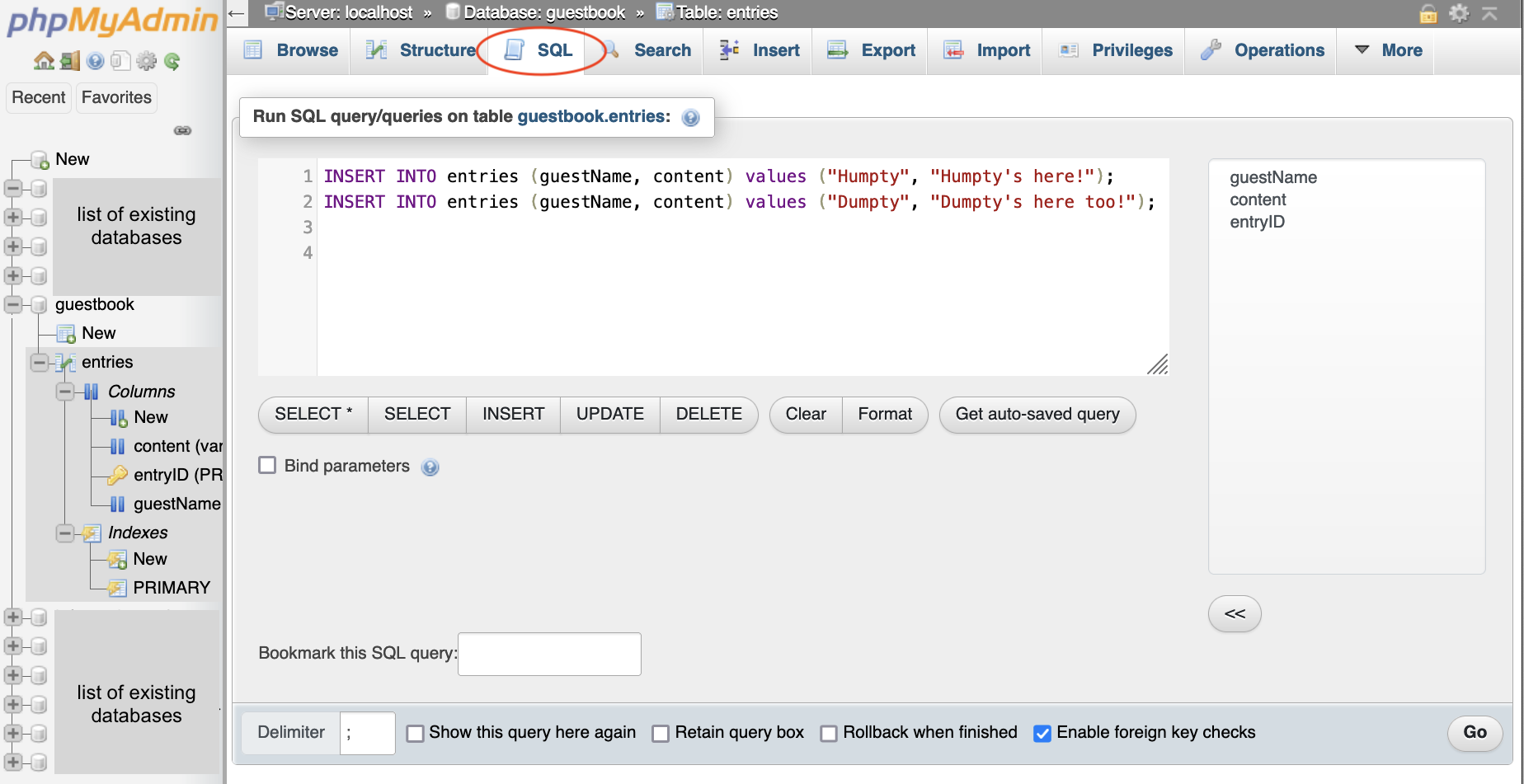 screen showing the SQL command to insert data into a table