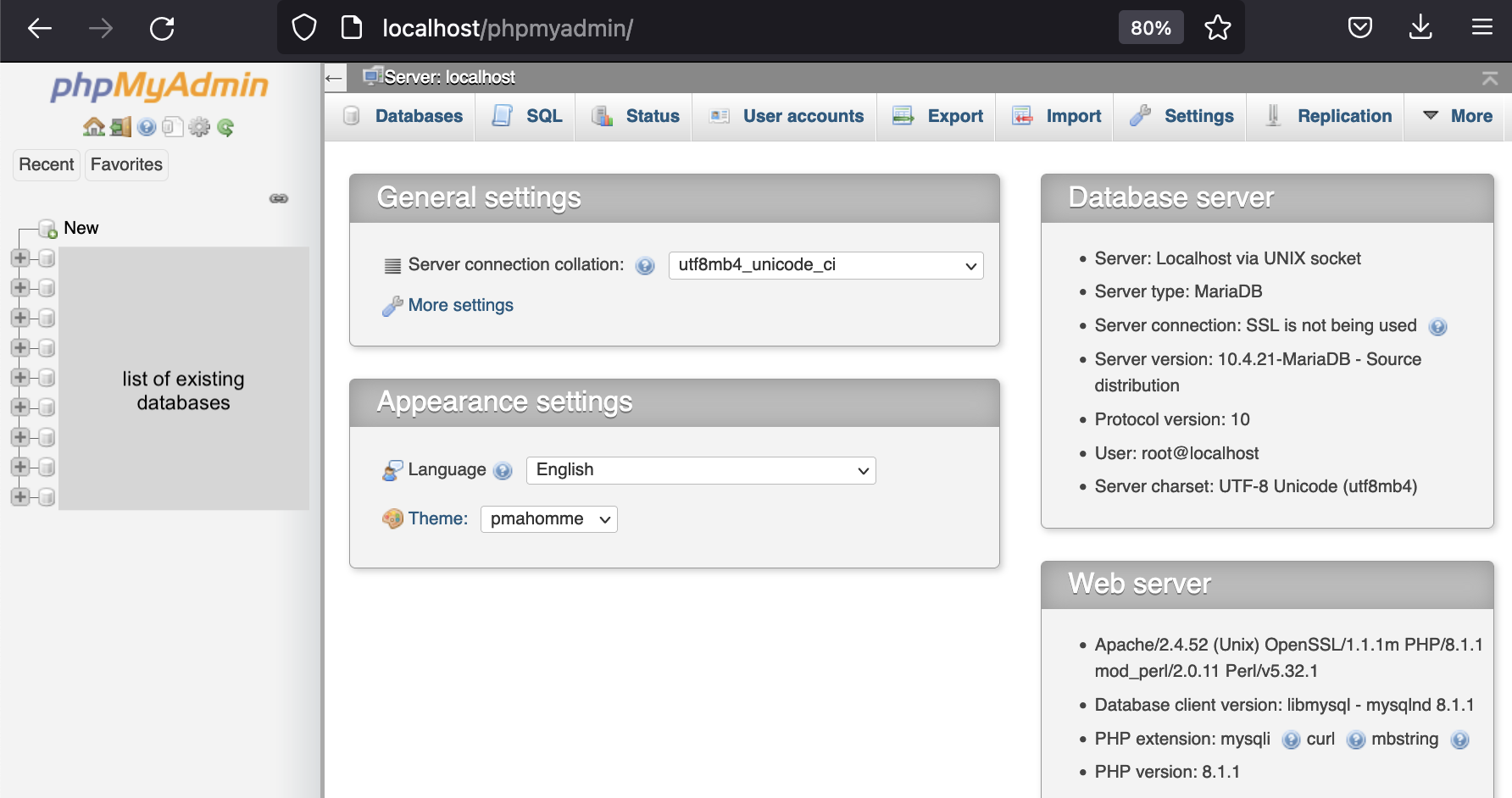 screen showing the main page of phpMyAdmin