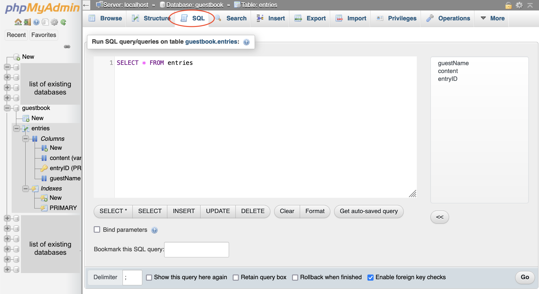 screen showing the SQL command to retrieve data from a table