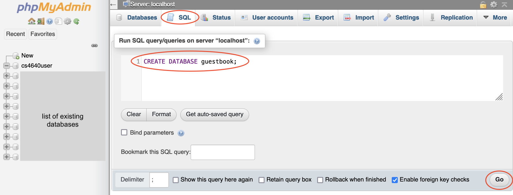 screen showing the SQL command to create a database