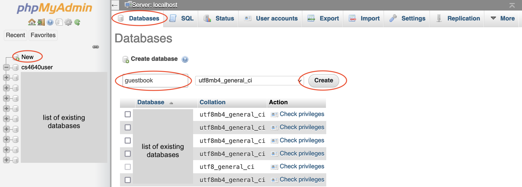 screen showing the create database screen of phpMyAdmin