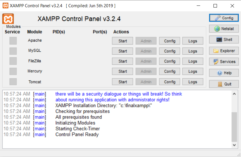 sample screen showing the first page of XAMPP (Windows)