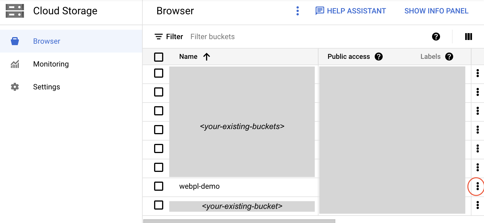 image showing how to set permission on a bucket