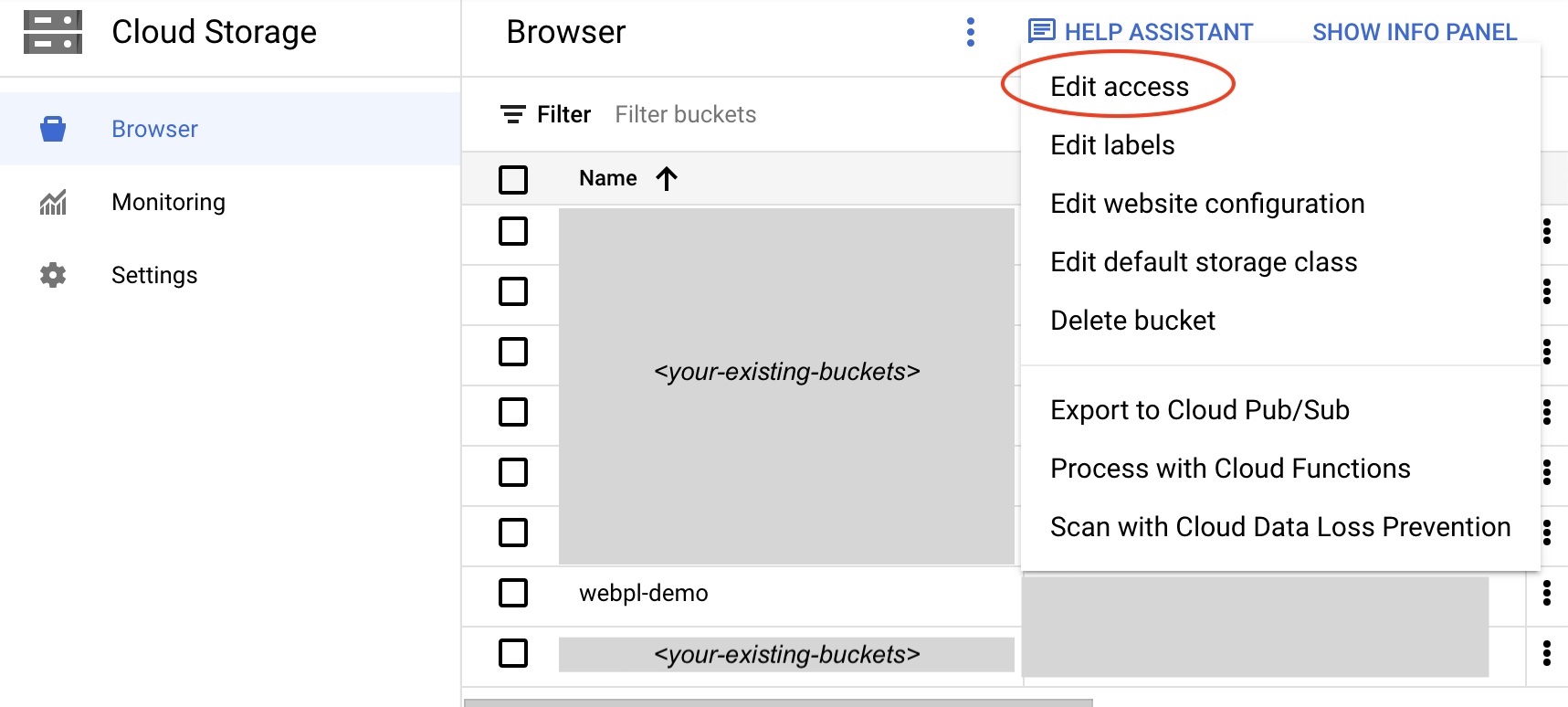 image showing how to set permission on a bucket