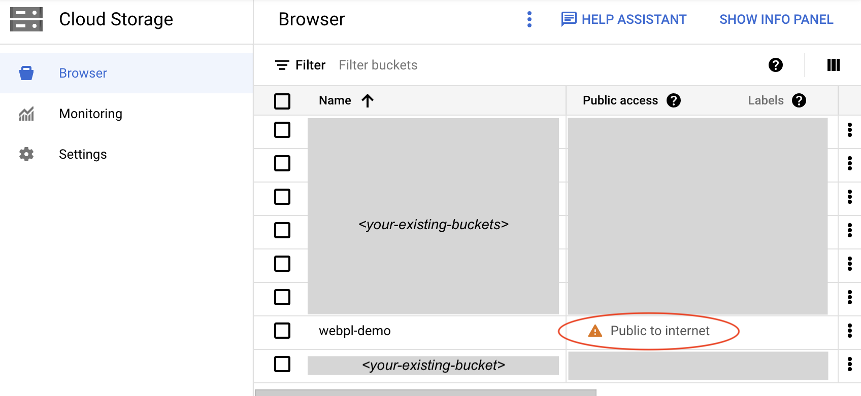 image showing how to set permission on a bucket