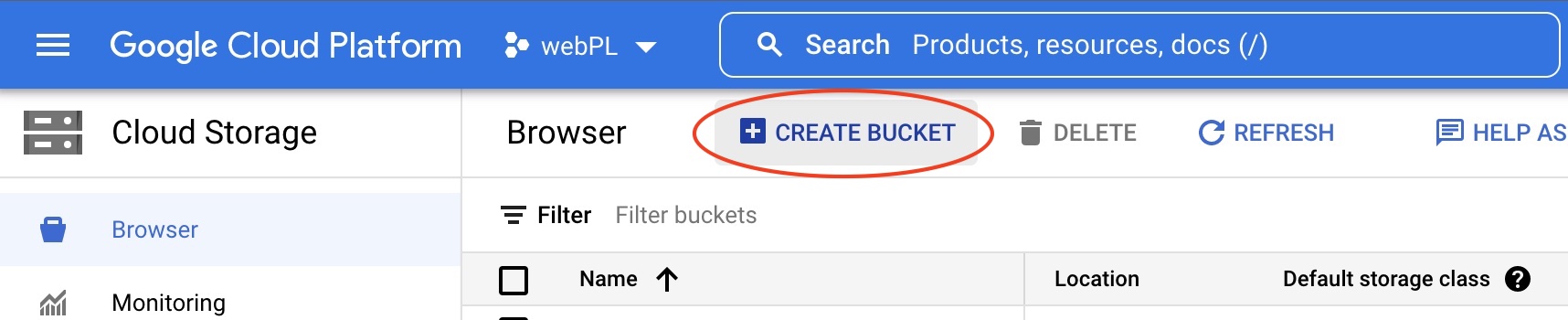 image showing how to create GCP bucket