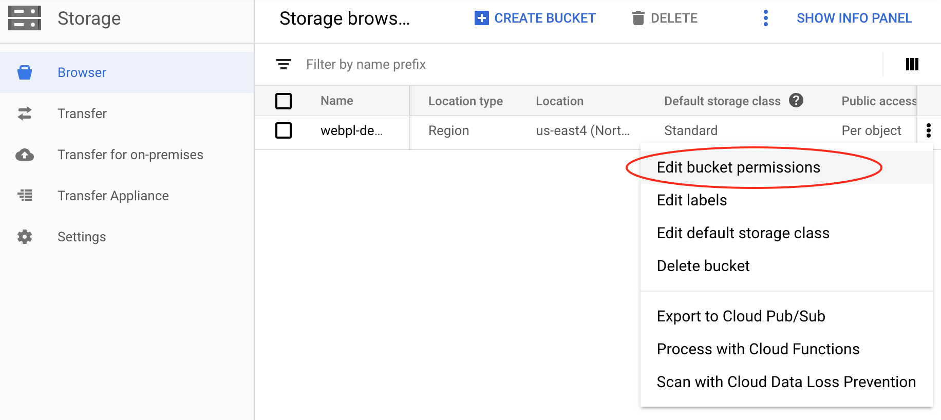 image showing how to set permission on a bucket