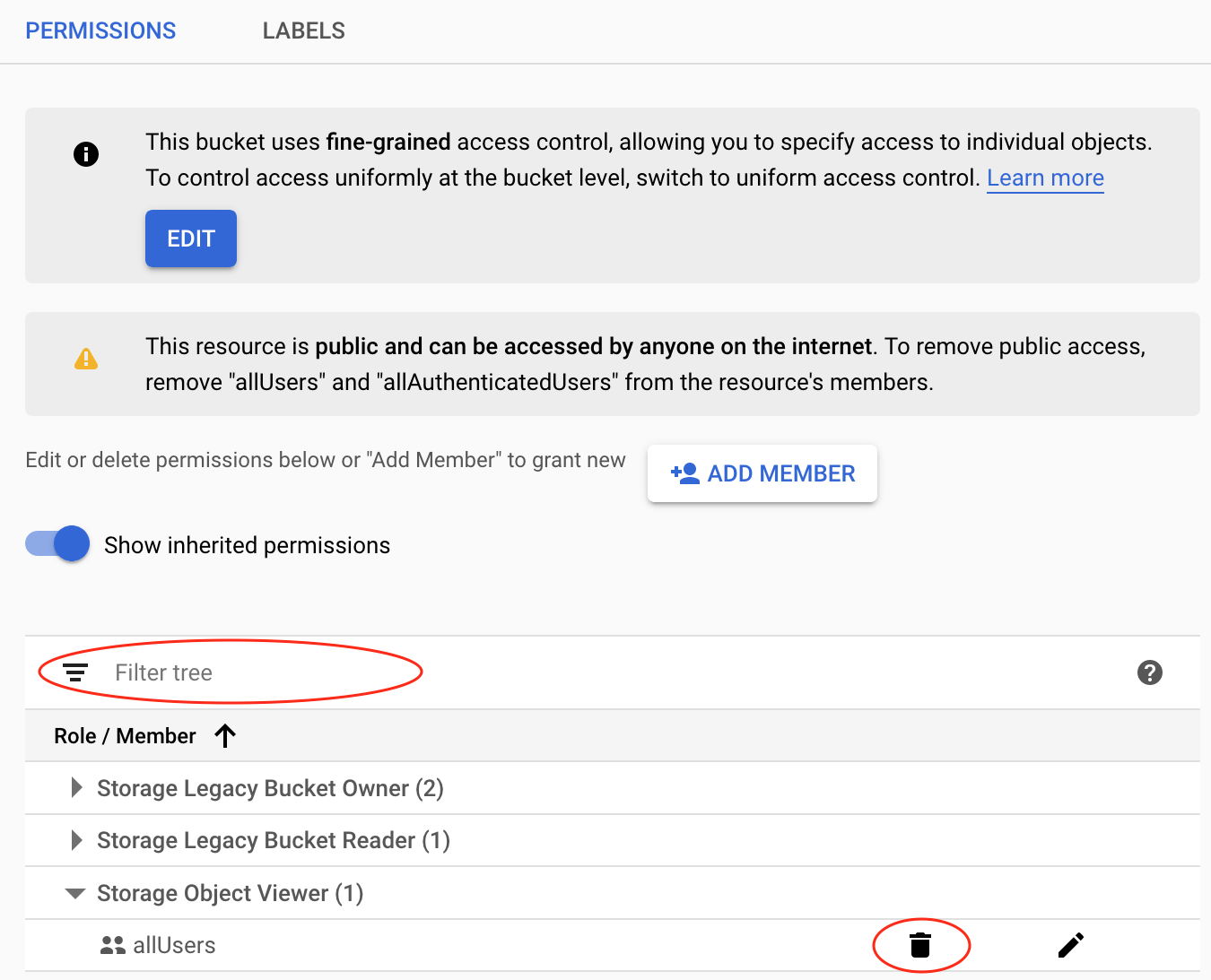 image showing how to set permission on a bucket