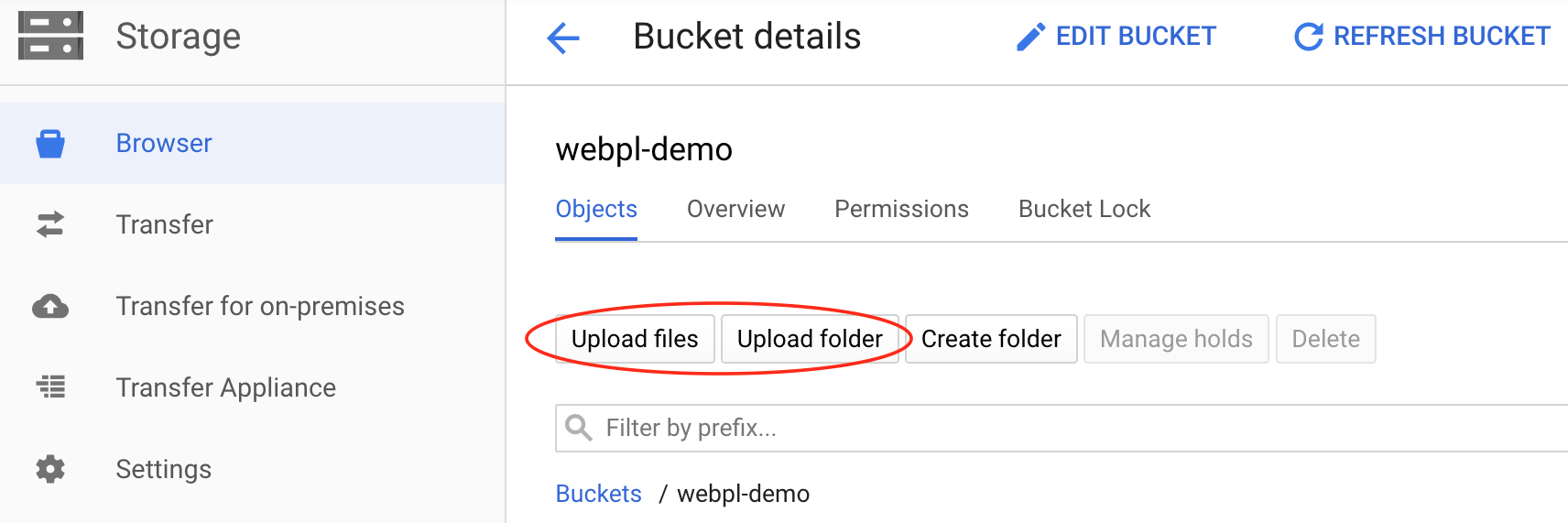 image showing how to upload files and folders to GCP storage