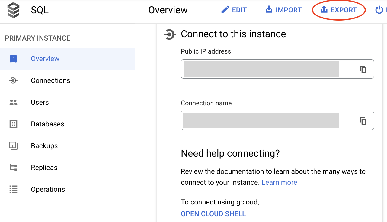 image showing how to export a .sql file from the Cloud SQL instance