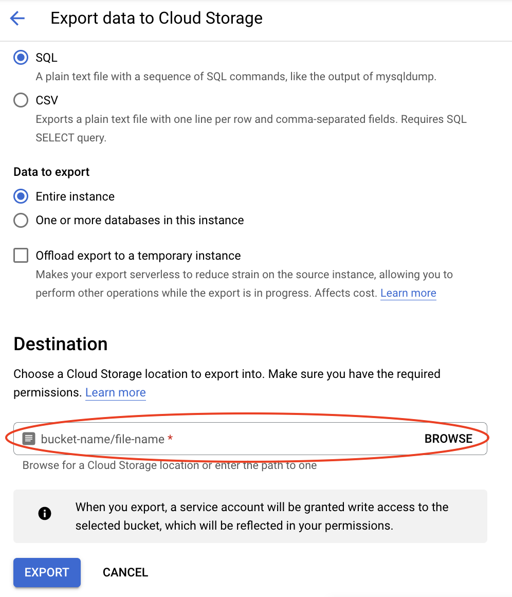 image showing how to export a .sql file from the Cloud SQL instance