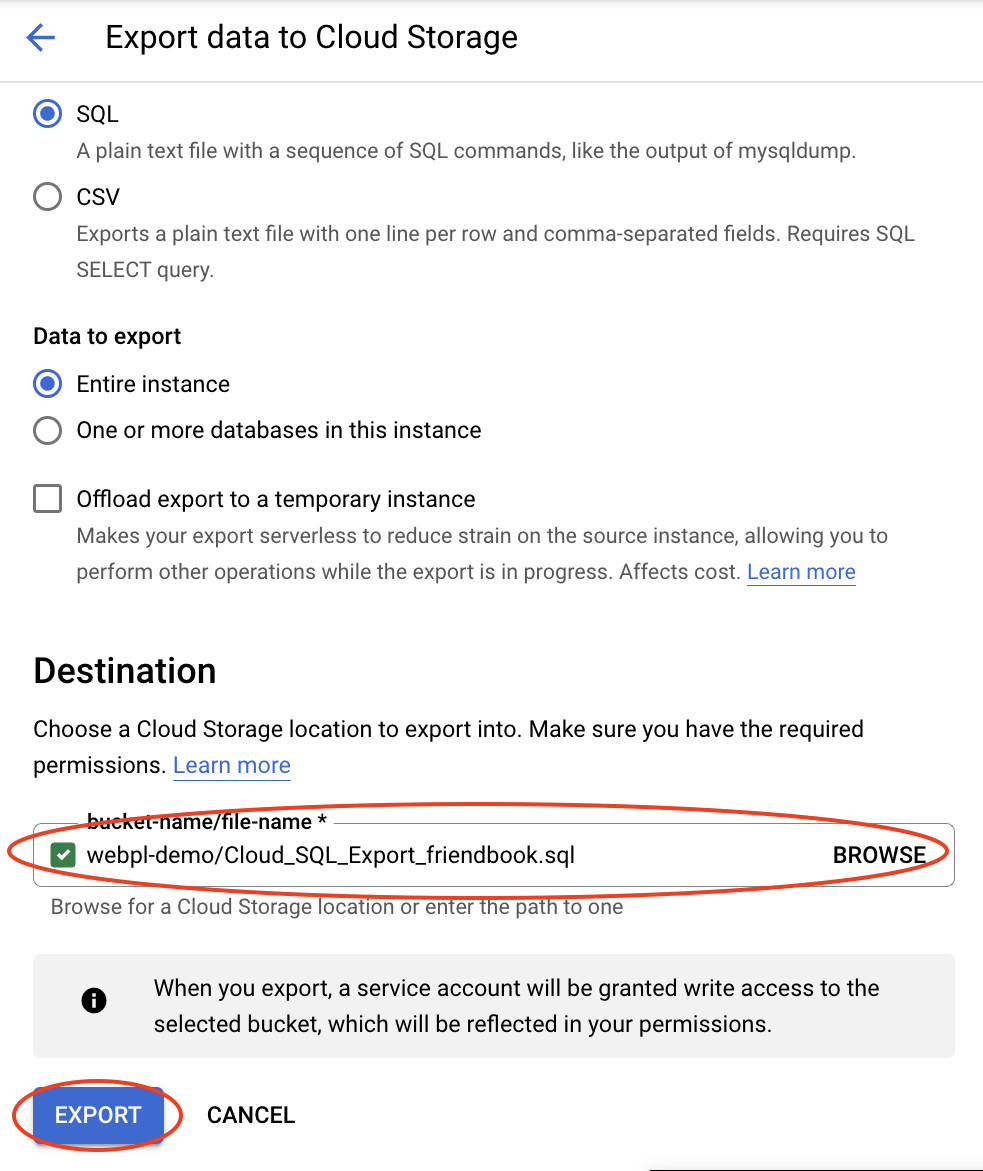 image showing how to export a .sql file from the Cloud SQL instance