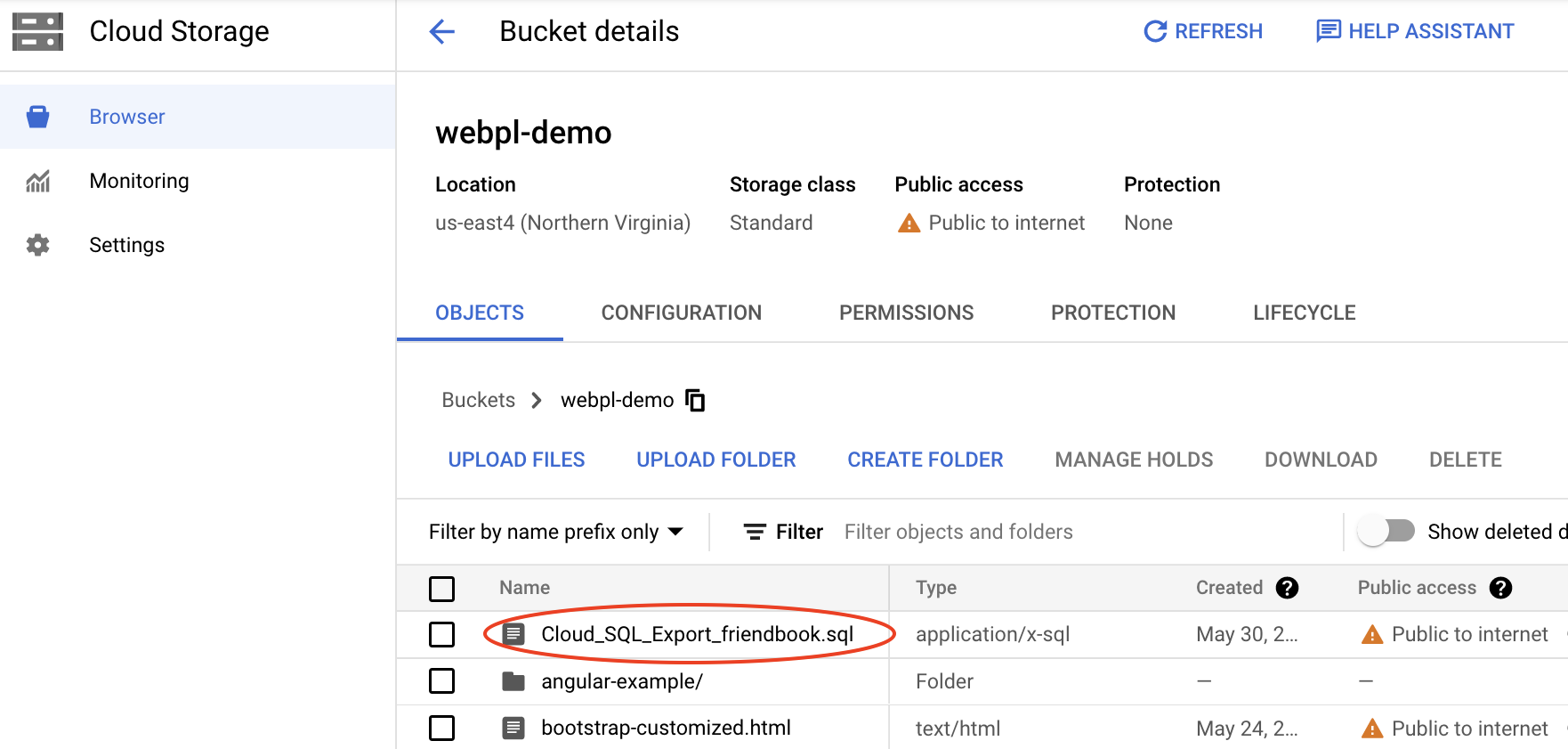 image showing how to export a .sql file from the Cloud SQL instance