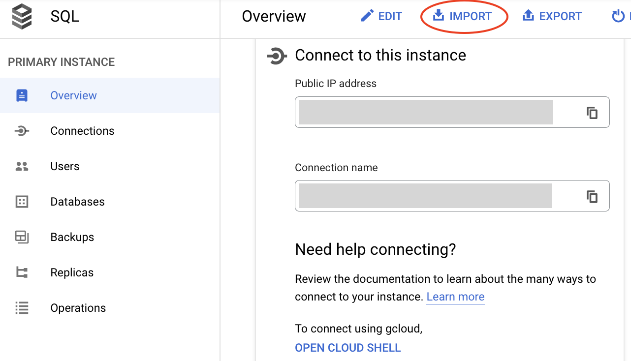 image showing how to import a .sql file to the Cloud SQL instance