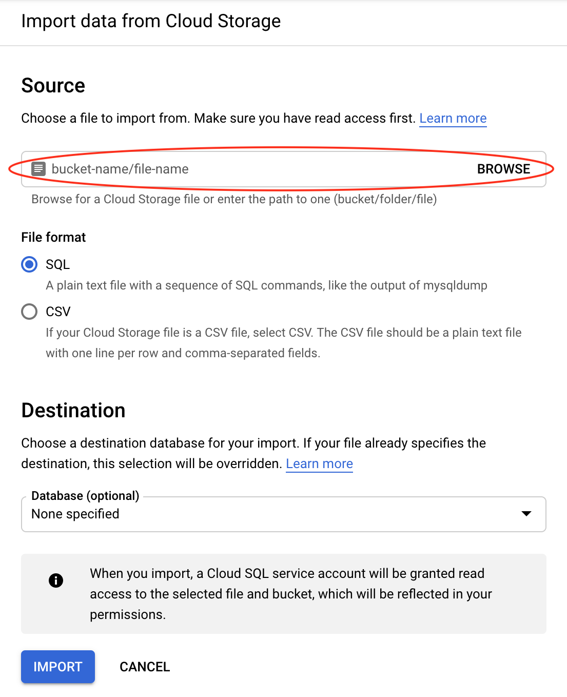 image showing how to import a .sql file to the Cloud SQL instance