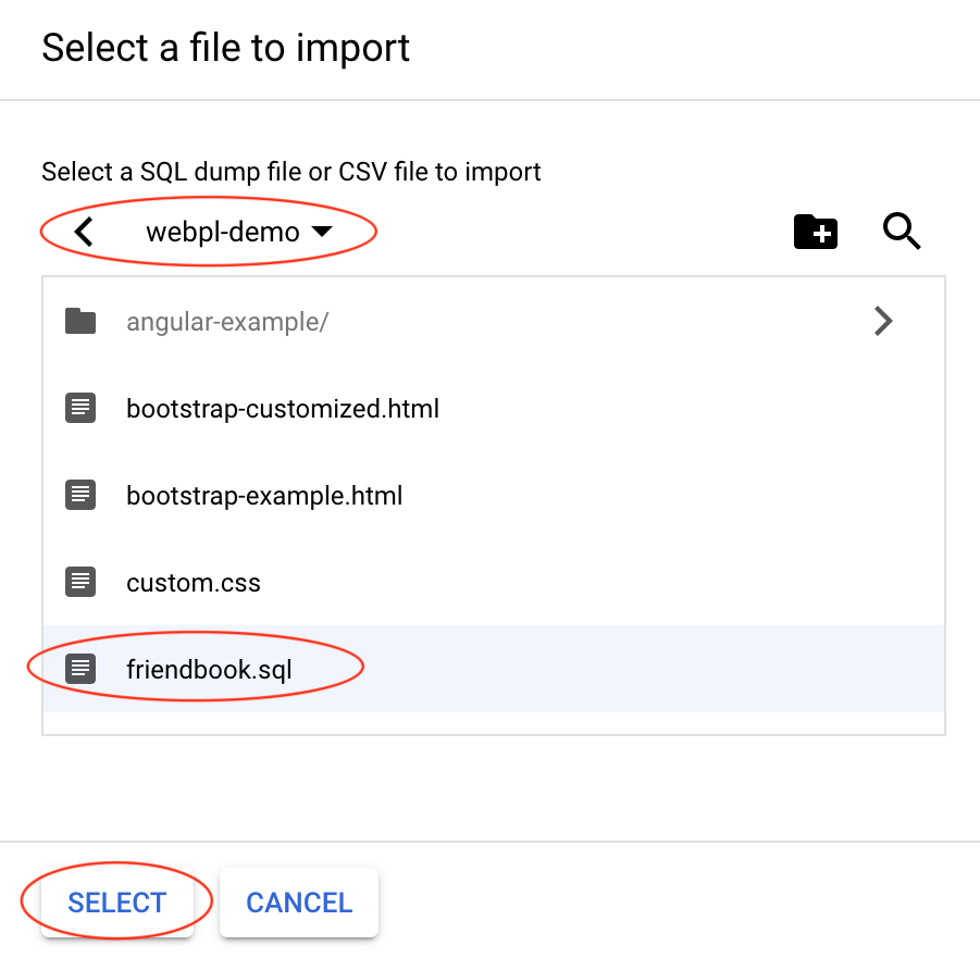 image showing how to import a .sql file to the Cloud SQL instance