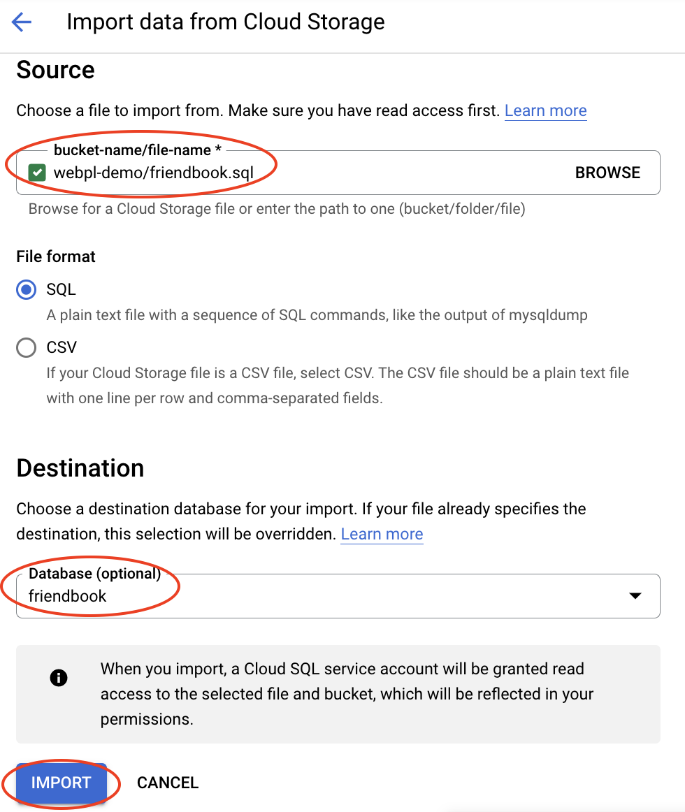 image showing how to import a .sql file to the Cloud SQL instance