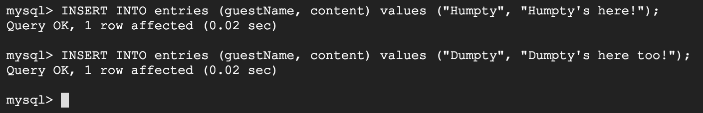 screen showing the SQL command to insert data into a table