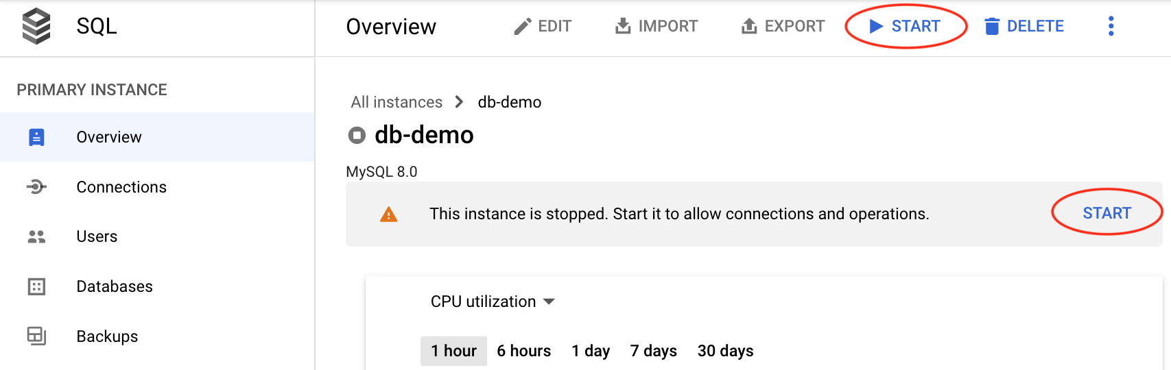 image showing how to start a SQL instance