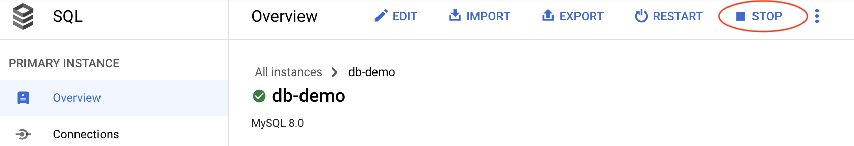 image showing how to stop a MySQL instance