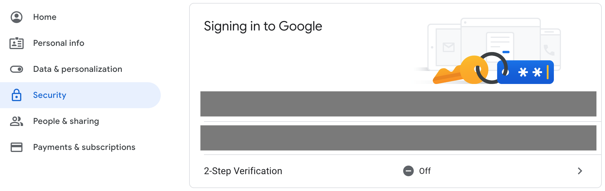 screen showing Gmail 2-Step Verification setting
