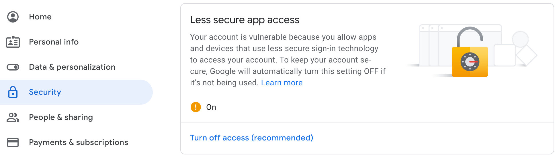 screen showing Gmail less secure app access setting