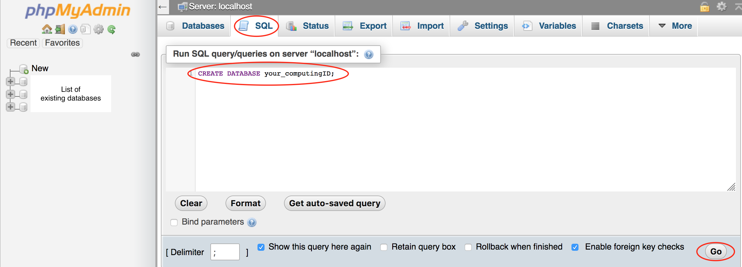 screen showing the SQL command to create a database