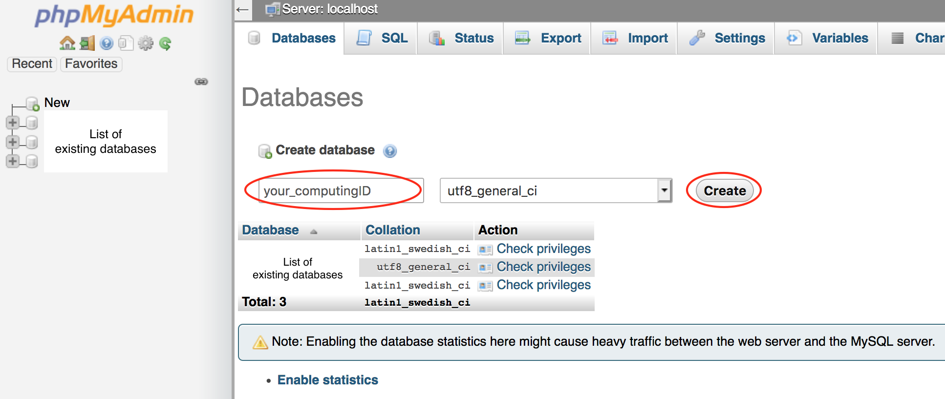 screen showing the create database screen of phpMyAdmin