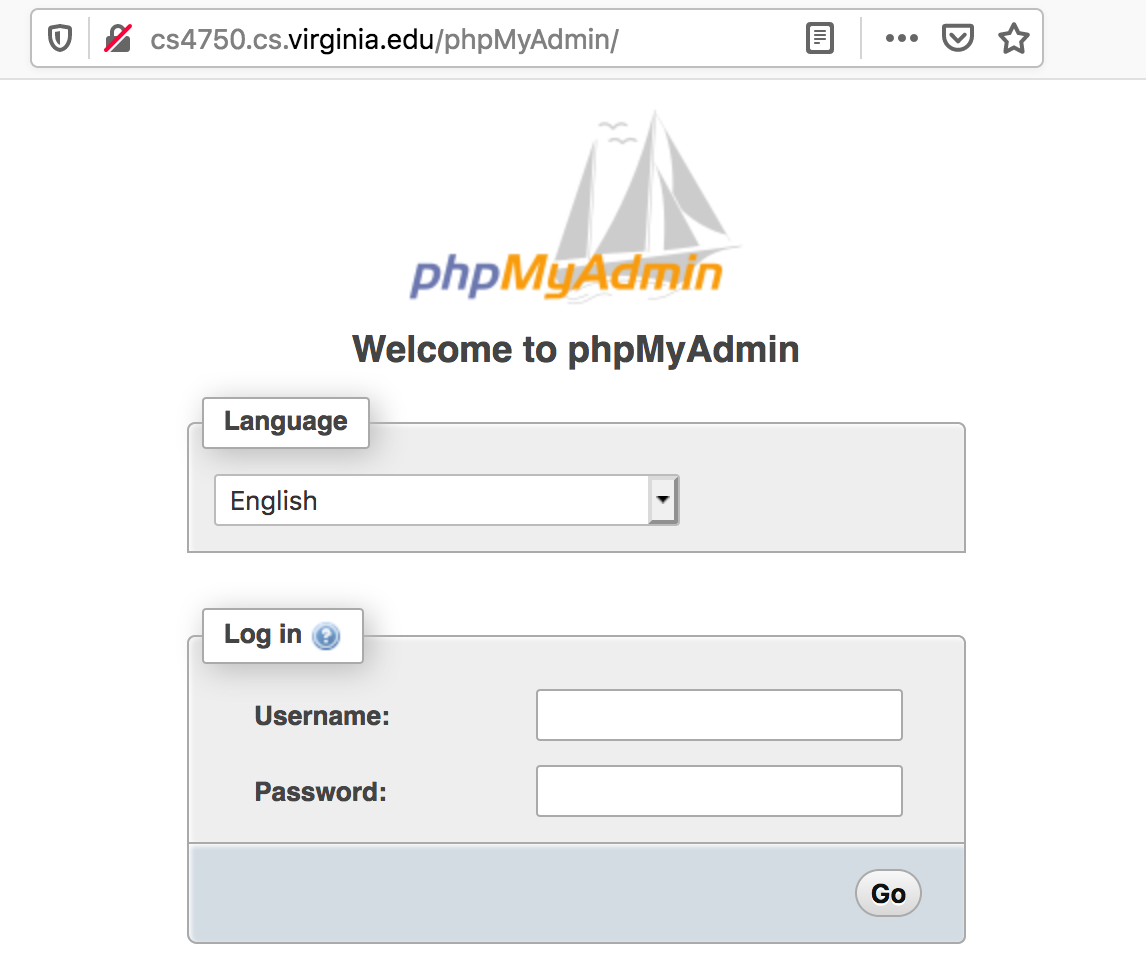 UVA CS phpMyAdmin log in page