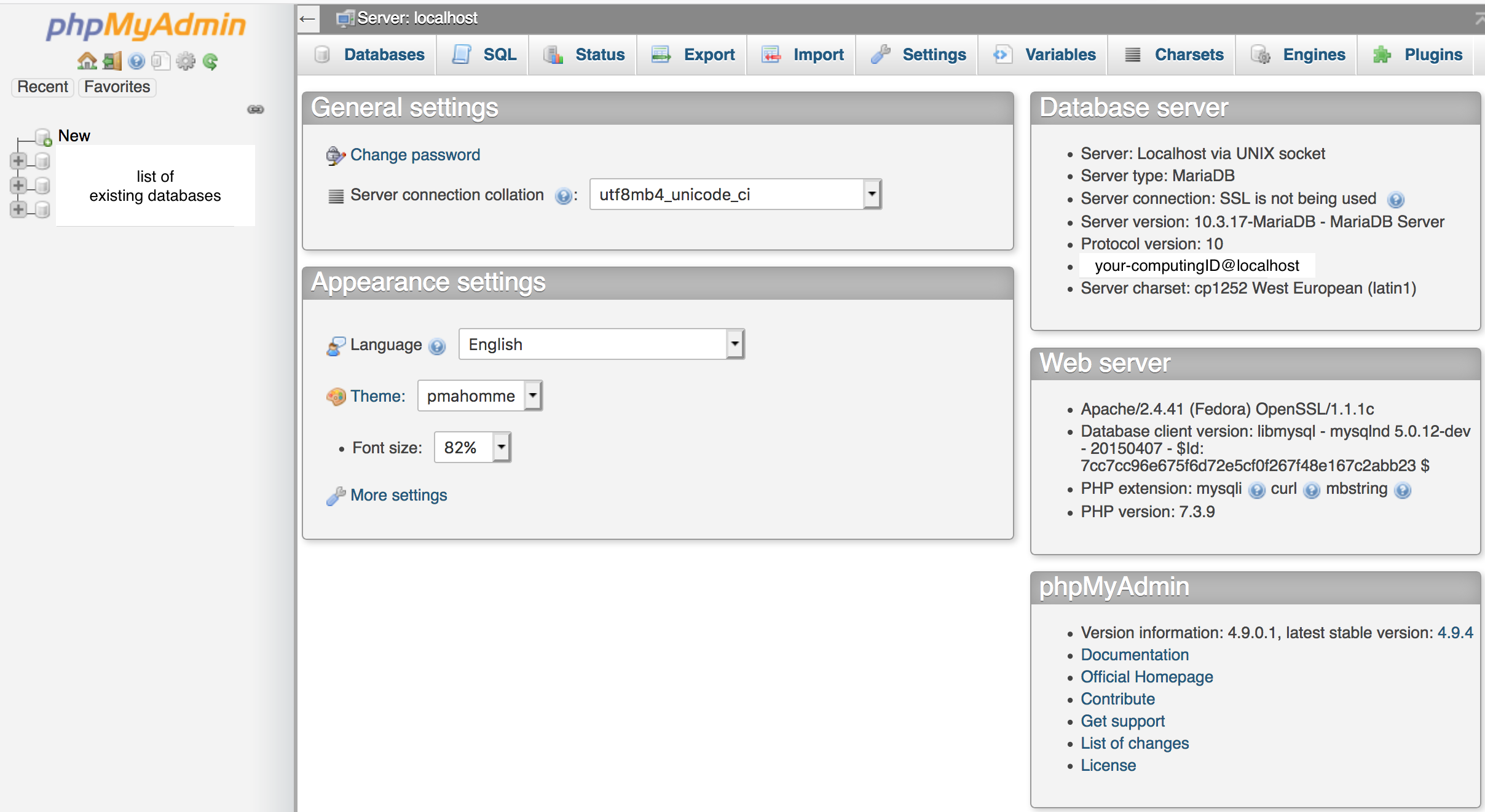 UVA CS phpMyAdmin dashboard