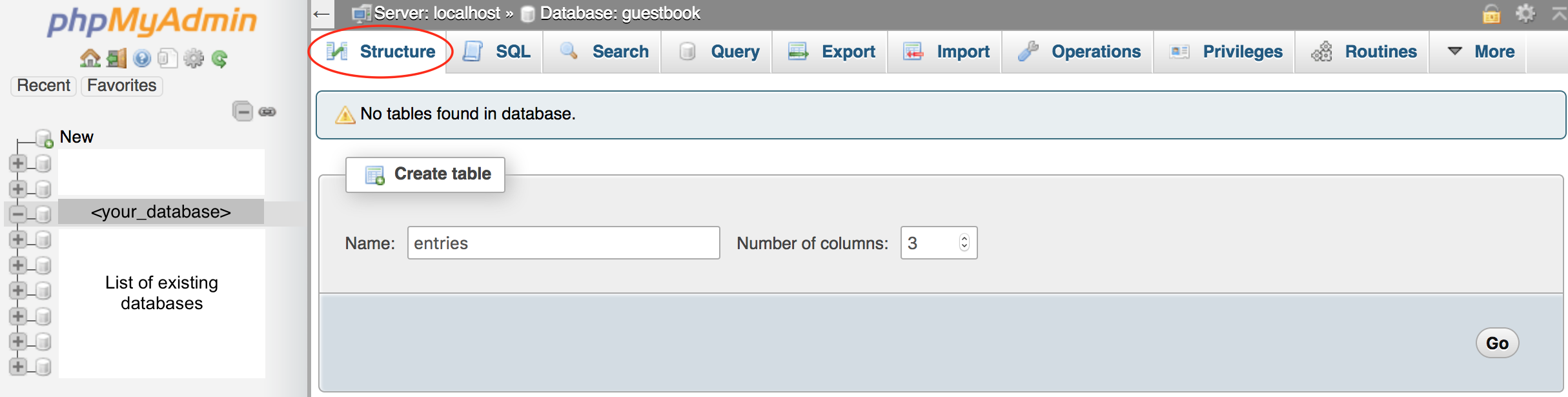 screen showing the create table screen of phpMyAdmin