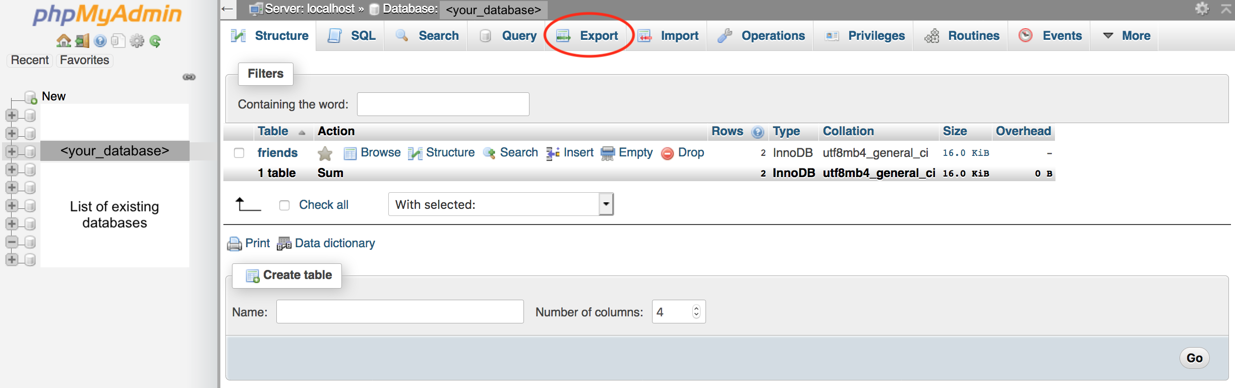 screen showing how to export SQL file