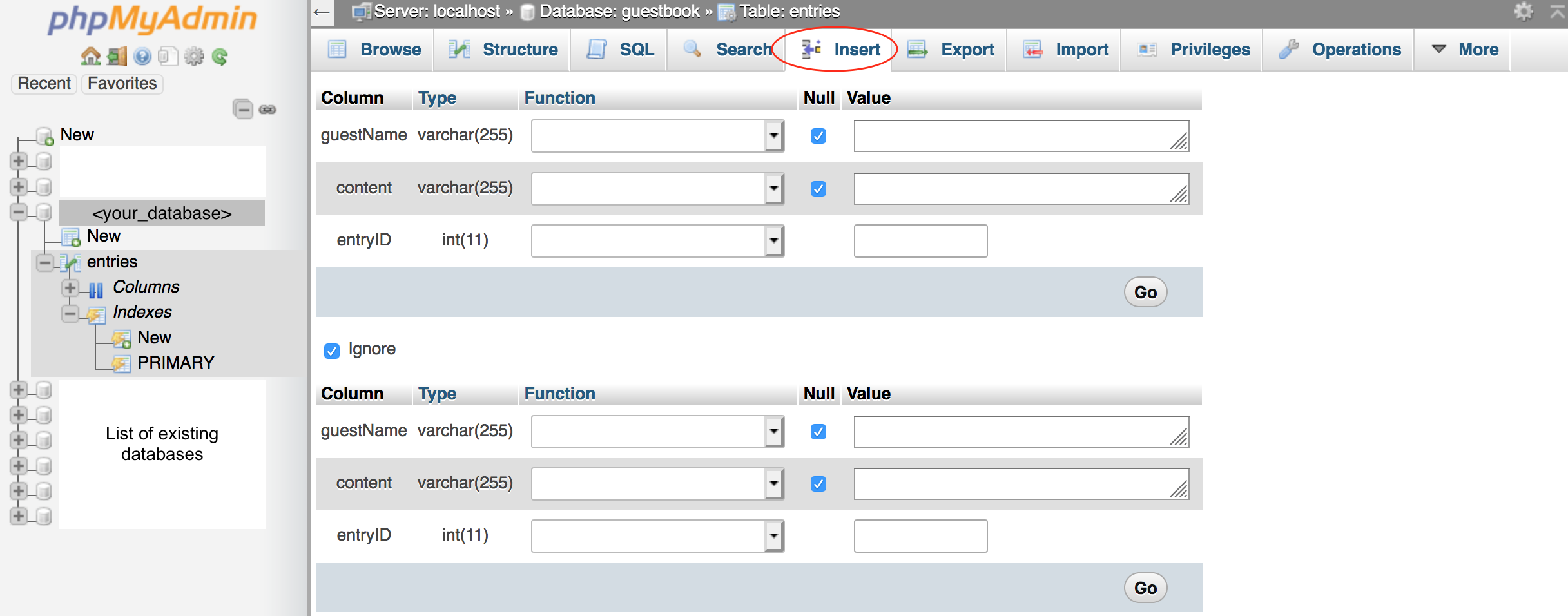 screen showing the insert data screen of phpMyAdmin