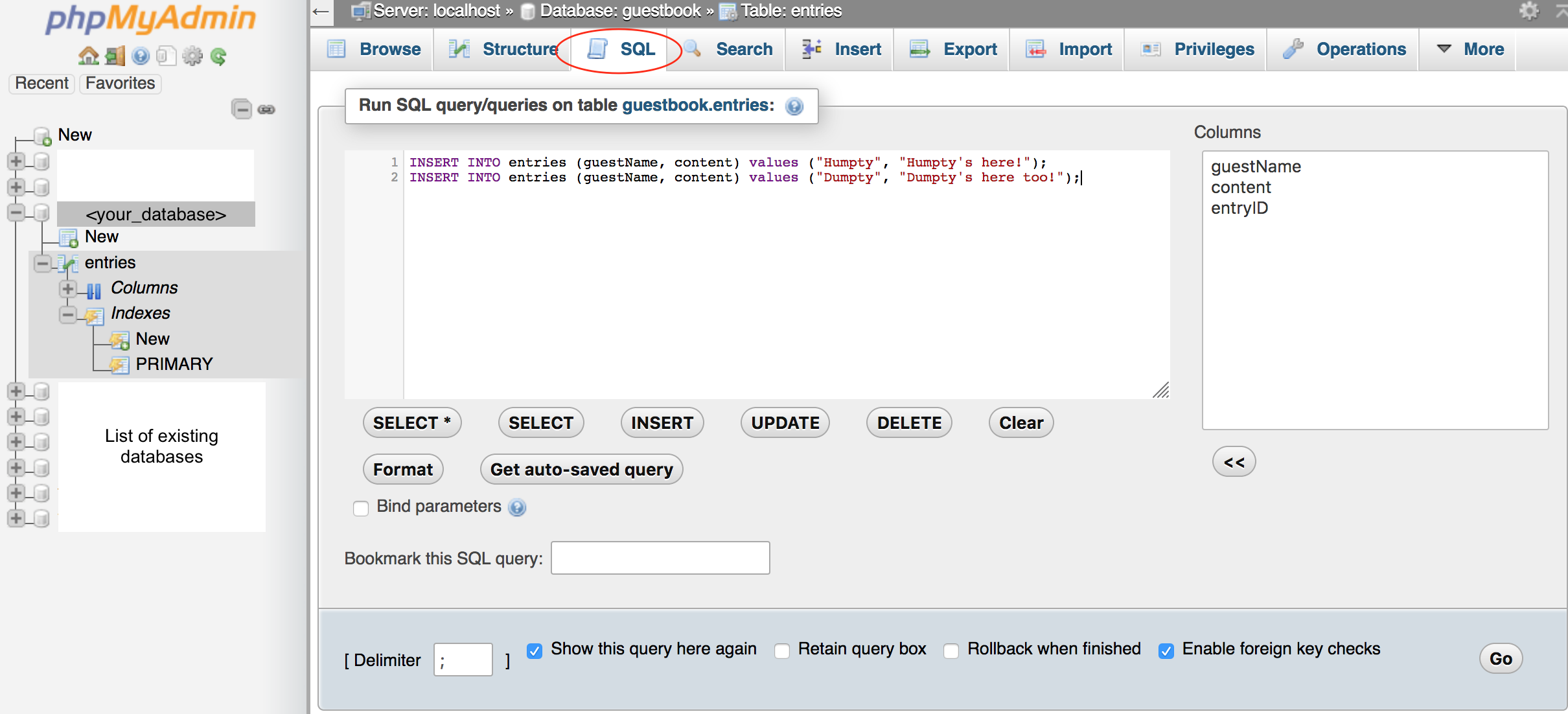 screen showing the SQL command to insert data into a table